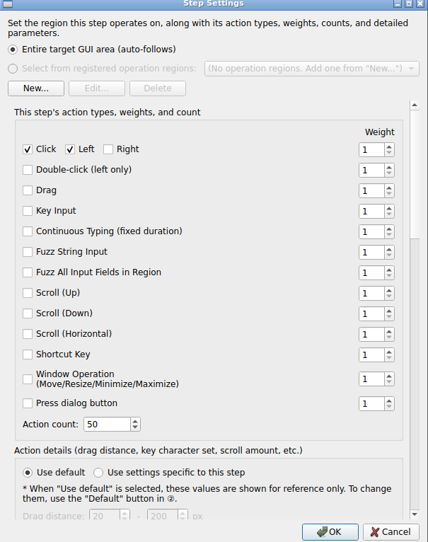 The step settings dialog, offering a choice of operating region ('Entire target GUI area (auto-follows)' or a registered operation region) as well as the action types, weights, action count, and detailed action settings, all within this one dialog.