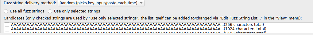 The fuzz-string-related options inside the detailed action settings: the delivery method dropdown, the 'Use all fuzz strings'/'Use only selected strings' toggle, and the candidates list.