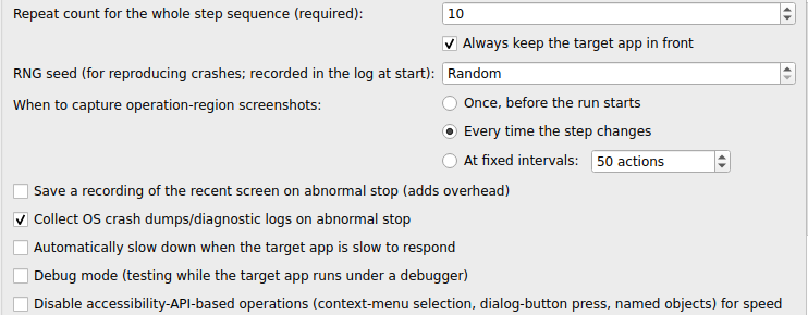 The lower part of the Timing/Limits panel, showing the RNG seed, when to capture operation-region screenshots, and the checkboxes for saving a recording, collecting crash dumps, auto-slowdown, debug mode, and disabling the accessibility API.