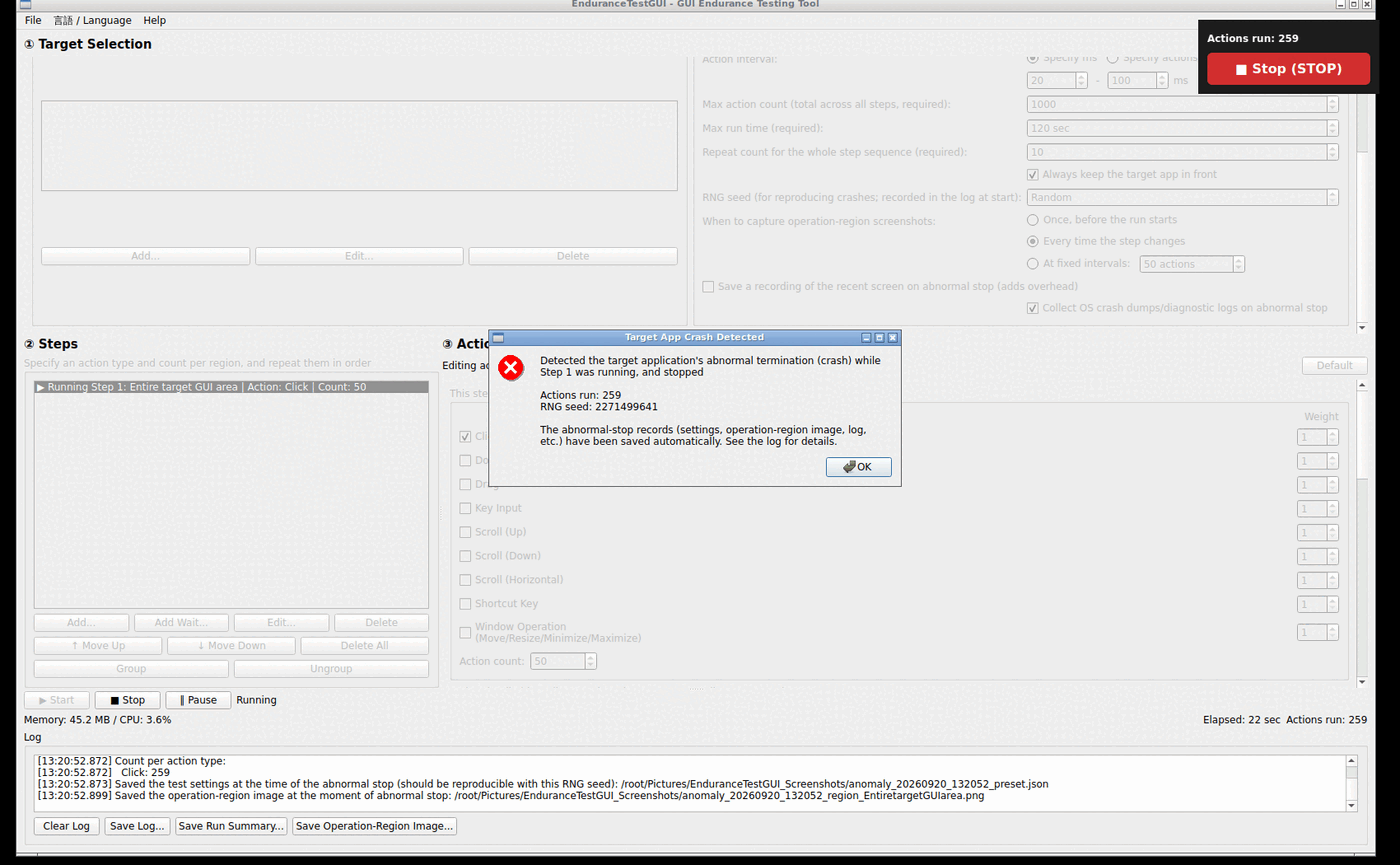 A dialog titled 'Target App Crash Detected', showing which step was running when it was detected, the action count, and the RNG seed, and noting that records have been saved automatically.