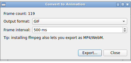 The "Convert to Animation" dialog. Choosing the frame count, output format (GIF/MP4/WebM), and frame interval, then clicking "Export...", opens a save-location dialog followed by a progress bar during conversion.